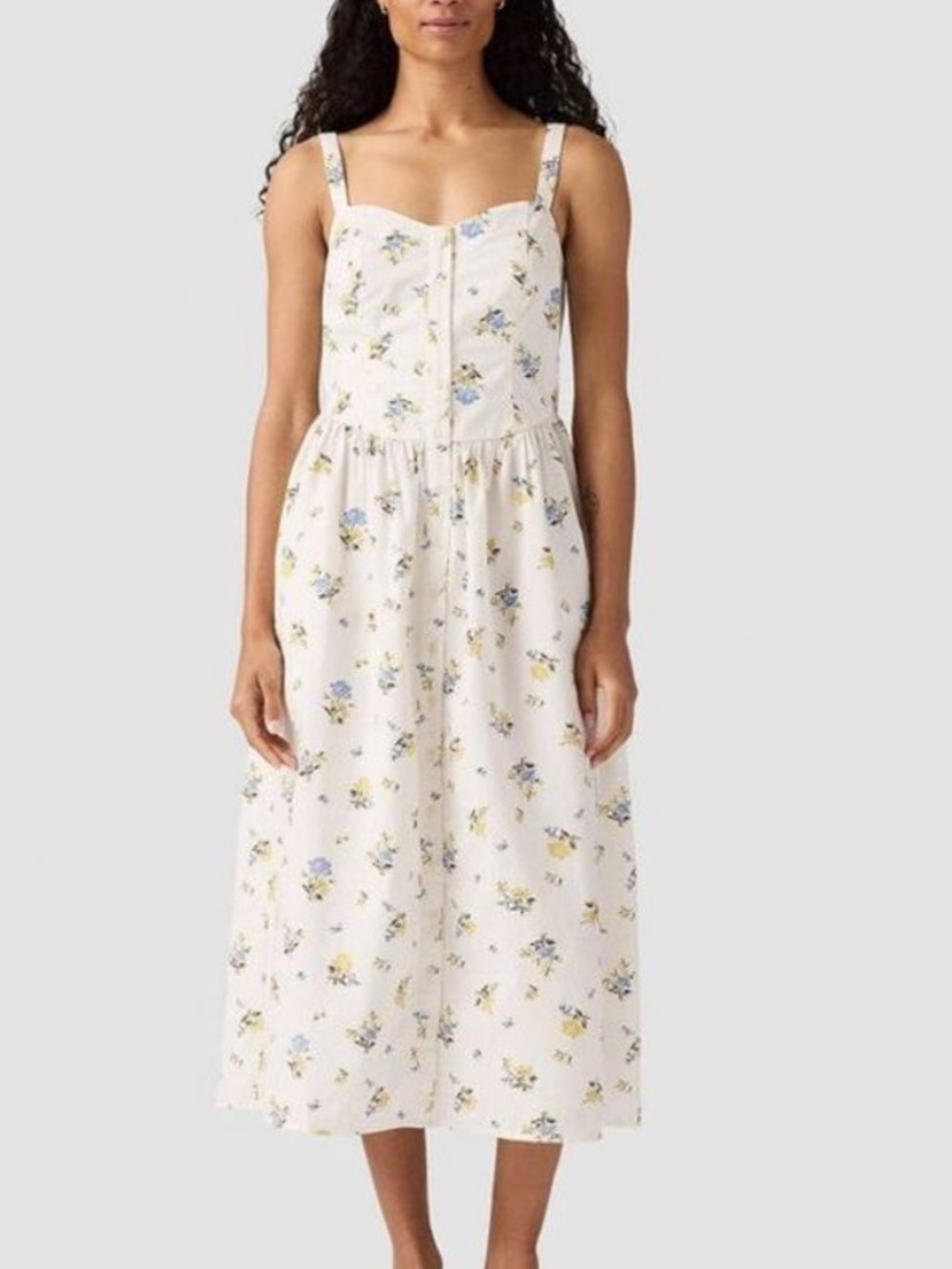 Lucky Brand Adore Floral Sweetheart Button Down Cotton Midi Dress Cream Sz S NWT